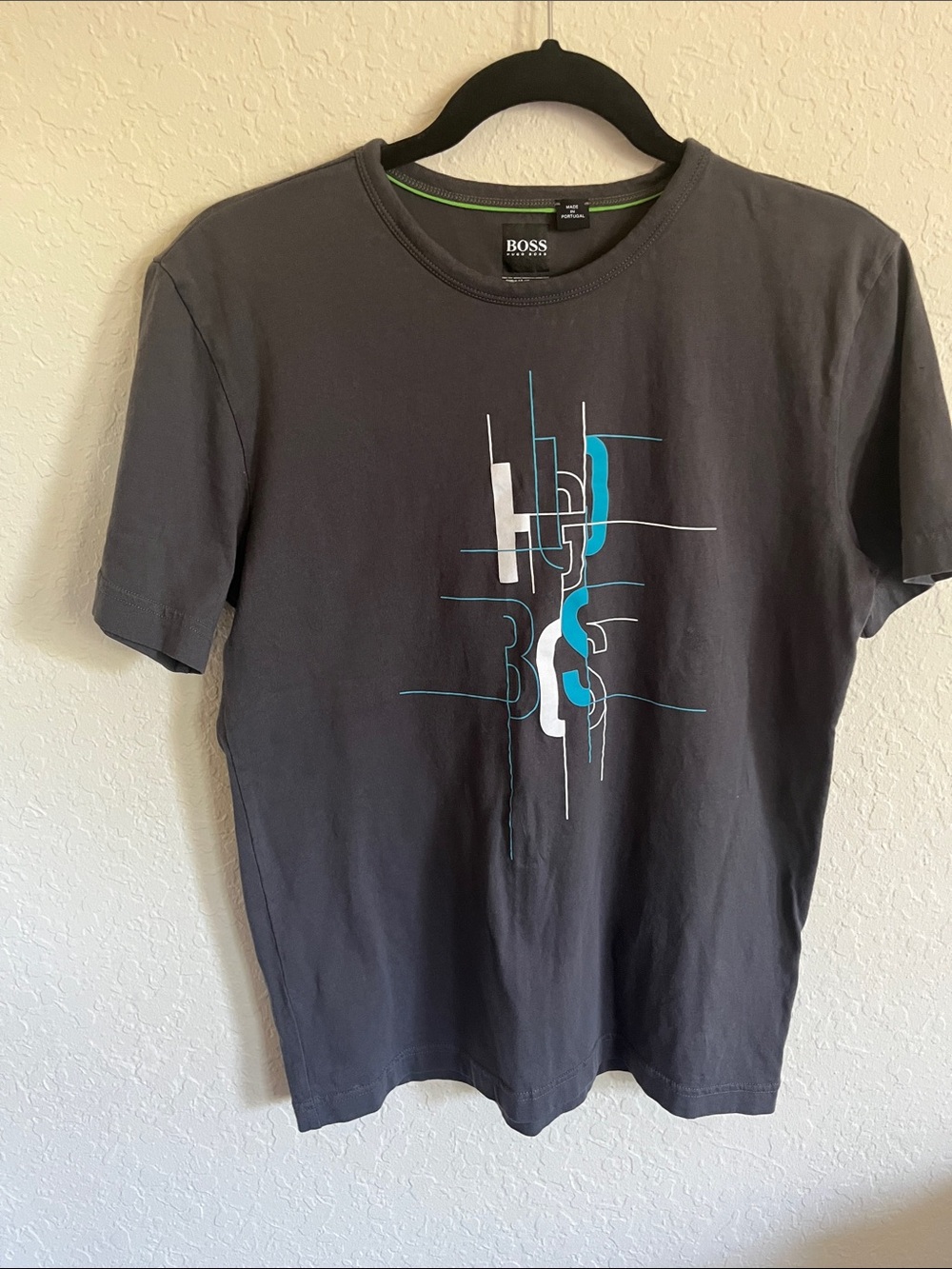 Hugo Boss Charcoal Graphic Crewneck Tee with Teal & White Accents
